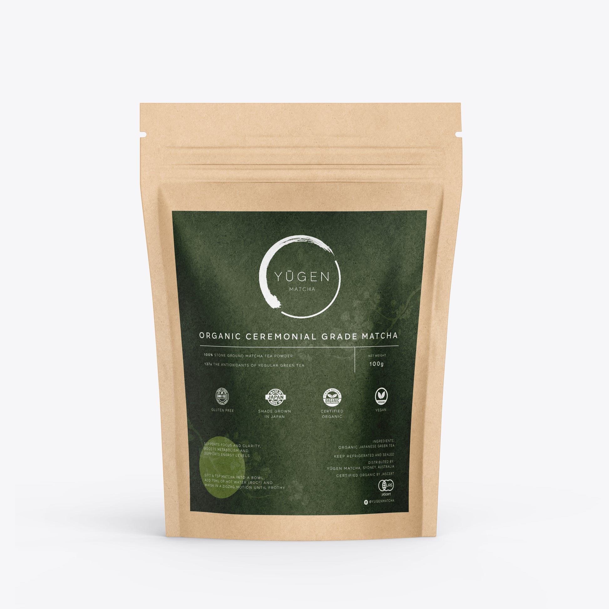 Yugen Matcha Organic Ceremonial Grade Matcha 100g zip lock pouch